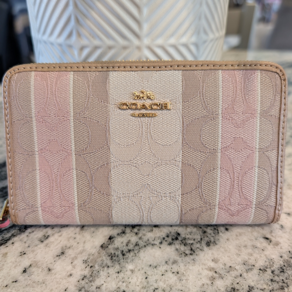 Coach Signature Stripe Zip Wallet in Pink, Beige & Cream